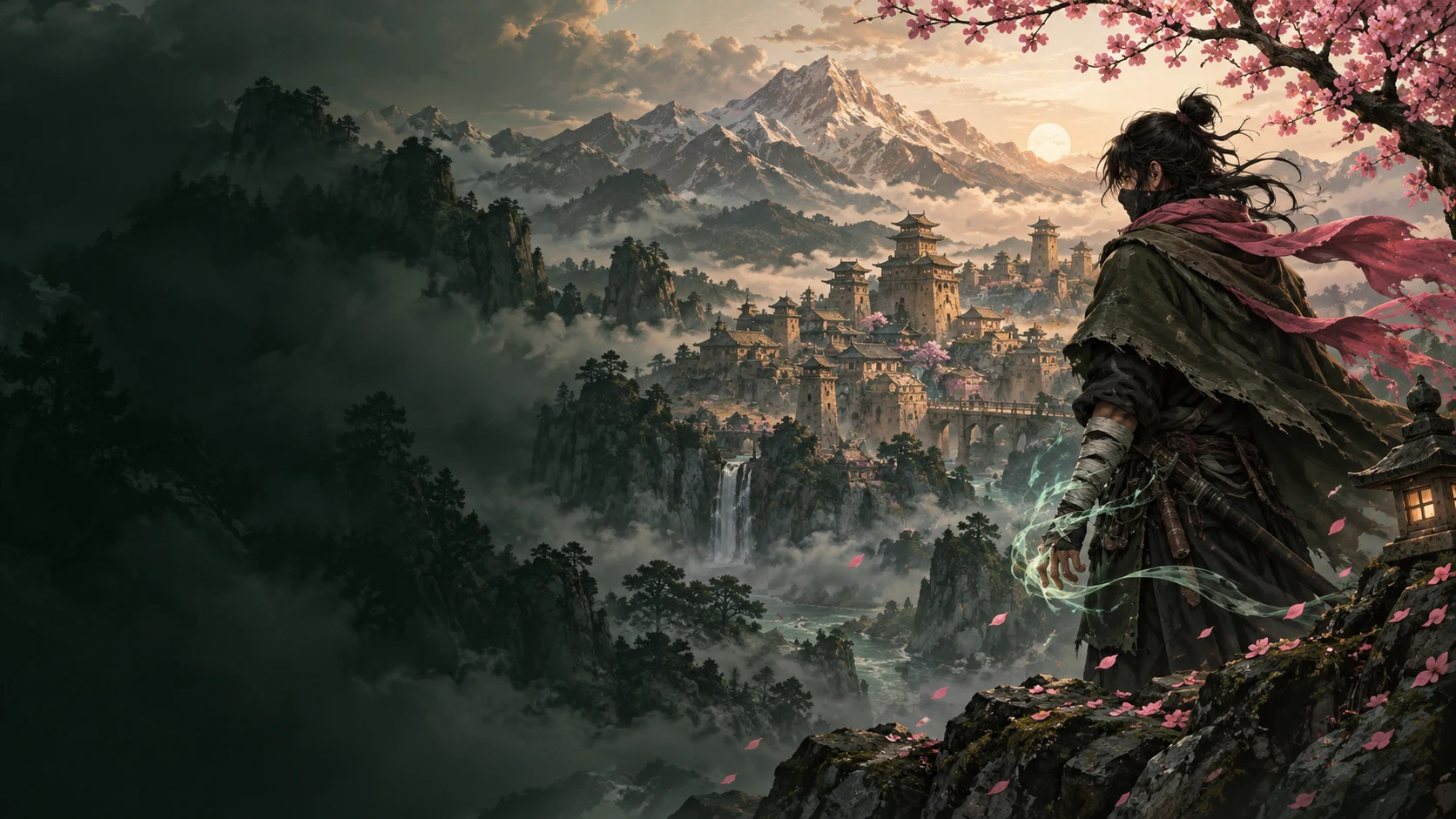 Un shinobi original observe un village au milieu des montagnes, des pétales roses portés par le vent.